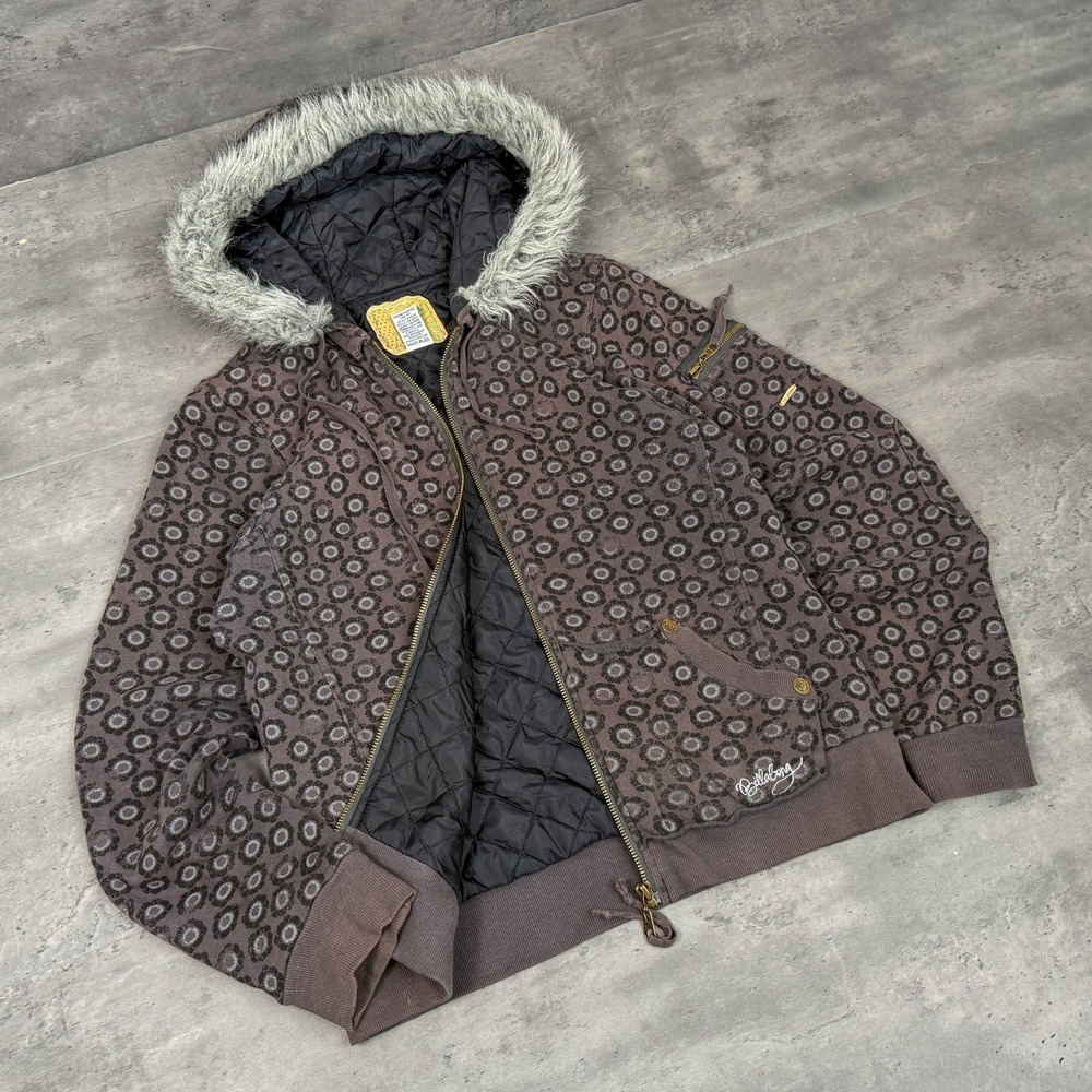 Vintage VTG Y2K 2000's 00's Billabong Brown Faux Fur Hood Pattern Zip Hoodie